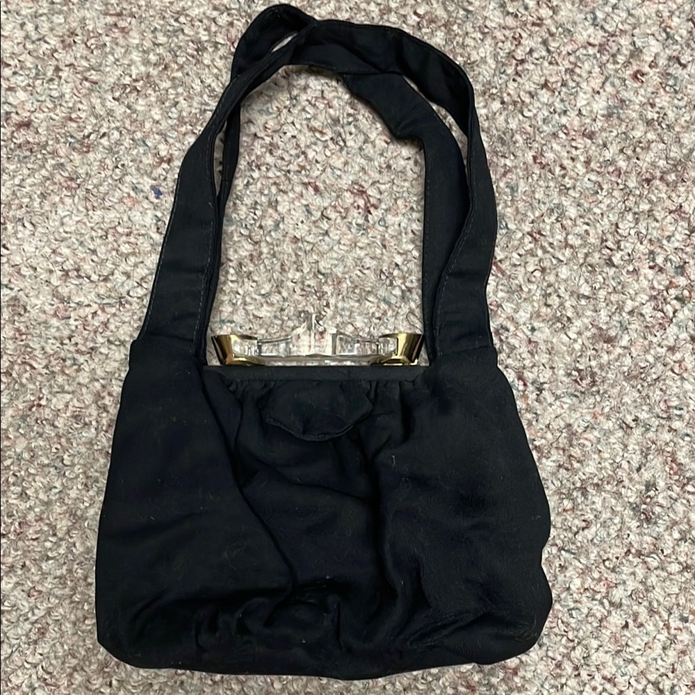 Vintage 20s hard metal top with ornate translucent brass hardware fabric Handbag